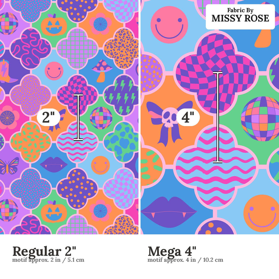 Studio Saturate Fabric 83 Regular 2 inch vs Mega 4 inch print scale side by side | Fabric by Missy Rose