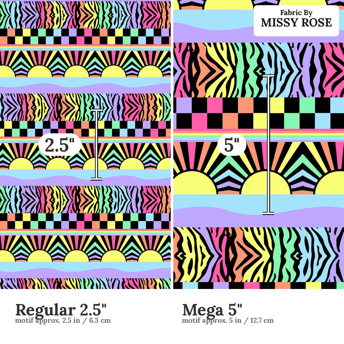 Studio Saturate Fabric 85 Regular 2.5 inch vs Mega 5 inch print scale side by side | Fabric by Missy Rose