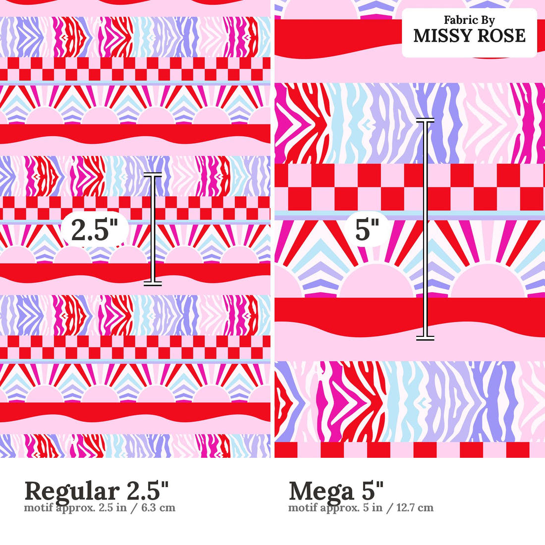 Studio Saturate Fabric 86 Regular 2.5 inch vs Mega 5 inch print scale side by side | Fabric by Missy Rose