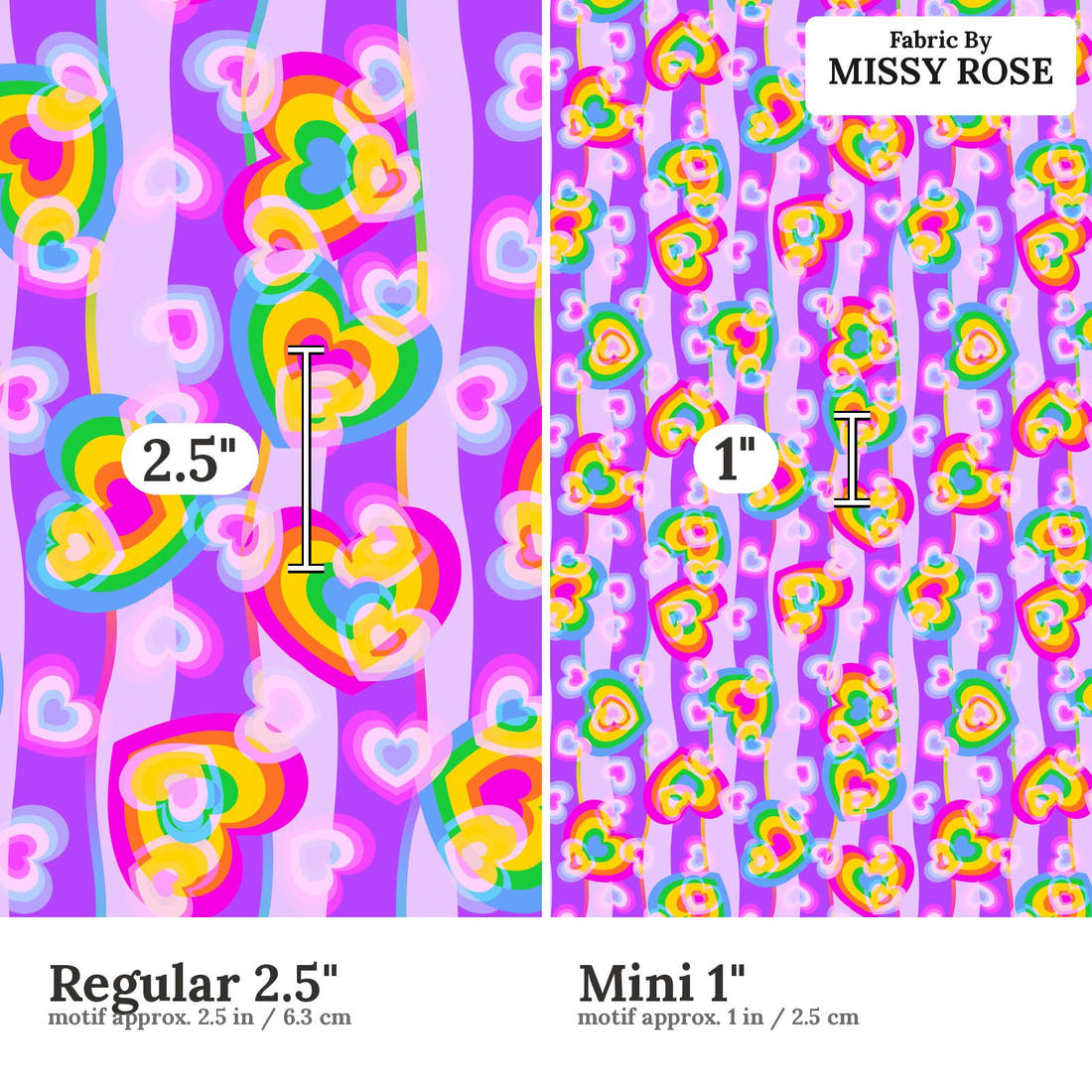 Studio Saturate Fabric 91 Regular 2.5 inch vs Mini 1 inch print scale side by side | Fabric by Missy Rose