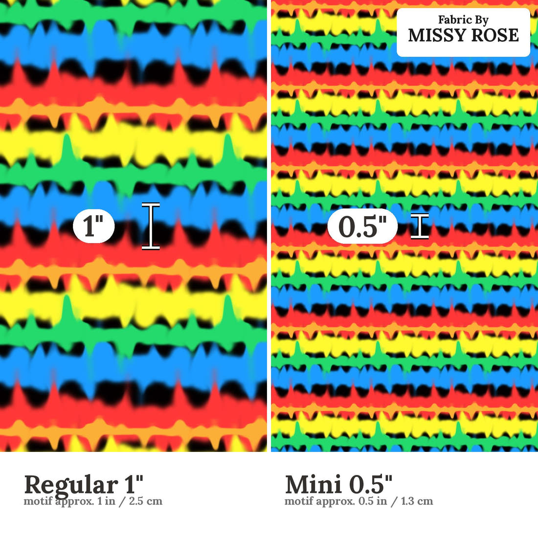 Studio Saturate Fabric 92 Regular 1 inch vs Mini 0.5 inch print scale side by side | Fabric by Missy Rose