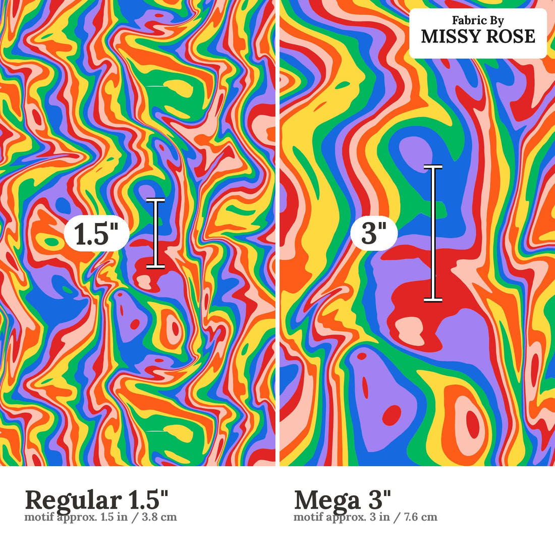 Studio Saturate Fabric 93 Regular 1.5 inch vs Mega 3 inch print scale side by side | Fabric by Missy Rose
