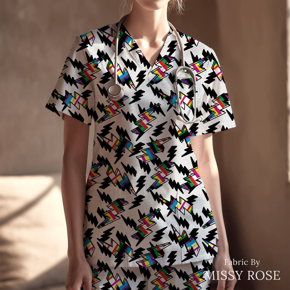 Studio Saturate Fabric 97 sewn into a scrubs top - see how the print looks made up | Fabric by Missy Rose
