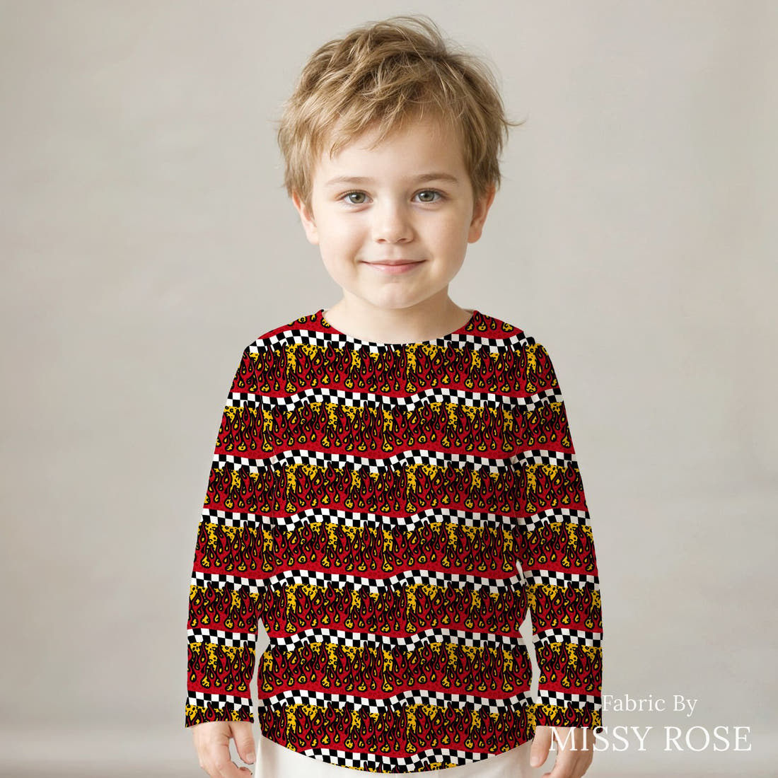 Studio Saturate Fabric 98 sewn into a kids' all-over tee - see how the print looks made up | Fabric by Missy Rose