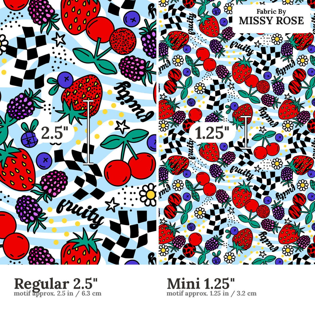 Studio Saturate Fabric 99 Regular 2.5 inch vs Mini 1.25 inch print scale side by side | Fabric by Missy Rose