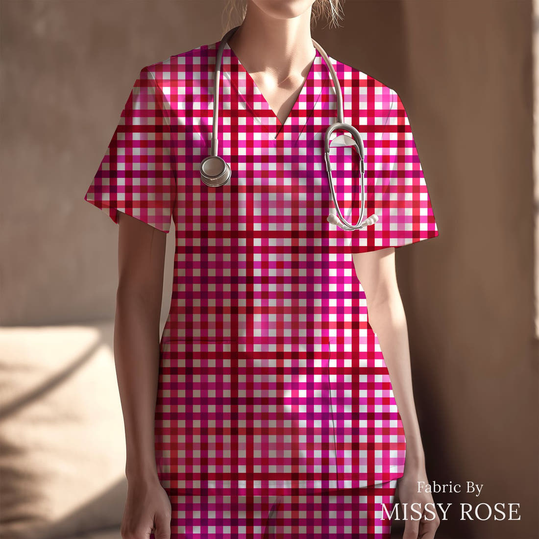 Studio Saturate Fabric 100 sewn into a scrubs top - see how the print looks made up | Fabric by Missy Rose