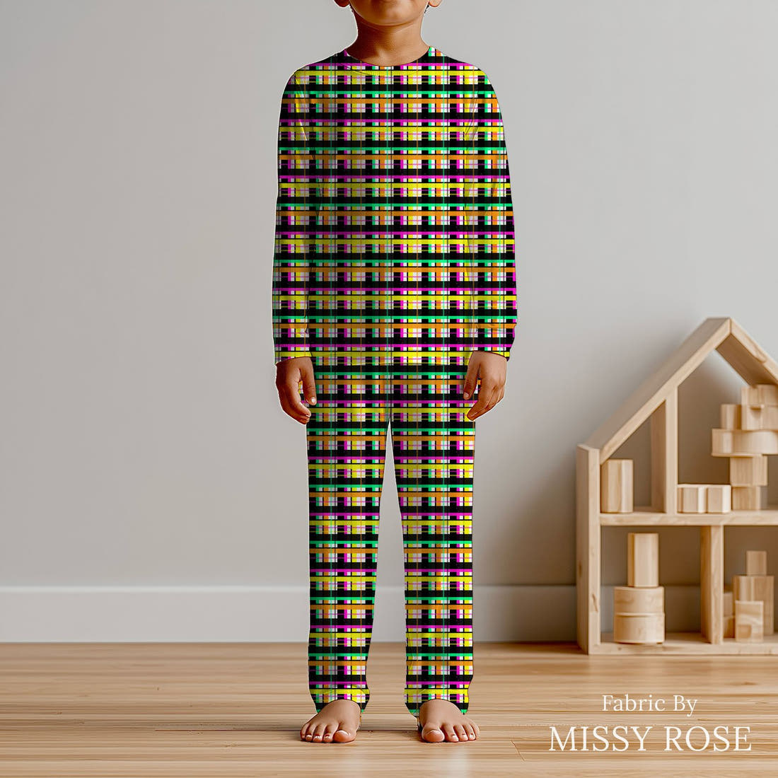 Studio Saturate Fabric 101 sewn into kids' pyjamas - see how the print looks made up | Fabric by Missy Rose