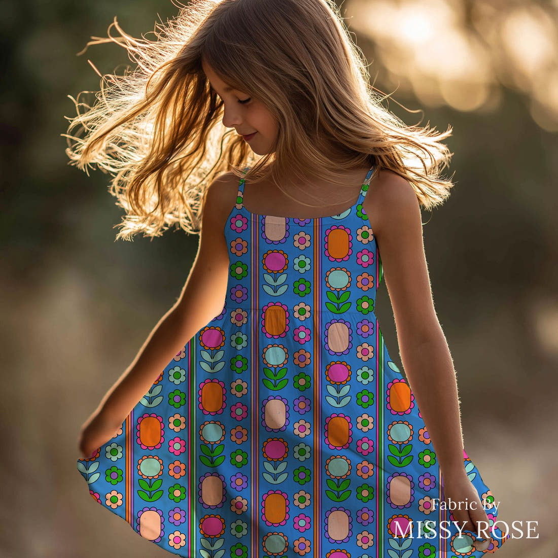 Studio Saturate Fabric 103 sewn into a girls' dress - see how the print looks made up | Fabric by Missy Rose
