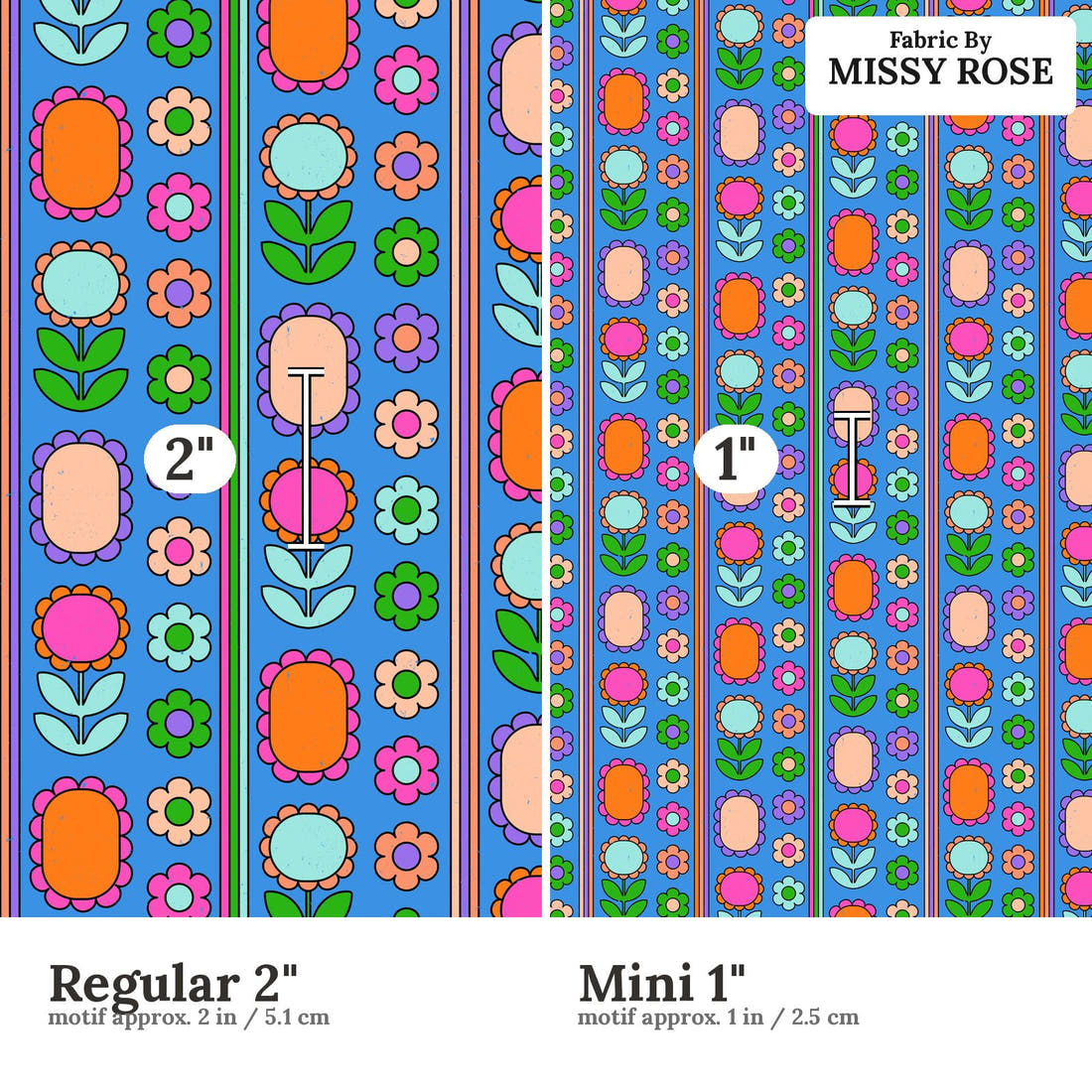 Studio Saturate Fabric 103 Regular 2 inch vs Mini 1 inch print scale side by side | Fabric by Missy Rose