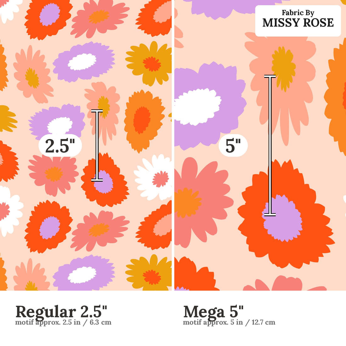 Studio Saturate Fabric 104 Regular 2.5 inch vs Mega 5 inch print scale side by side | Fabric by Missy Rose