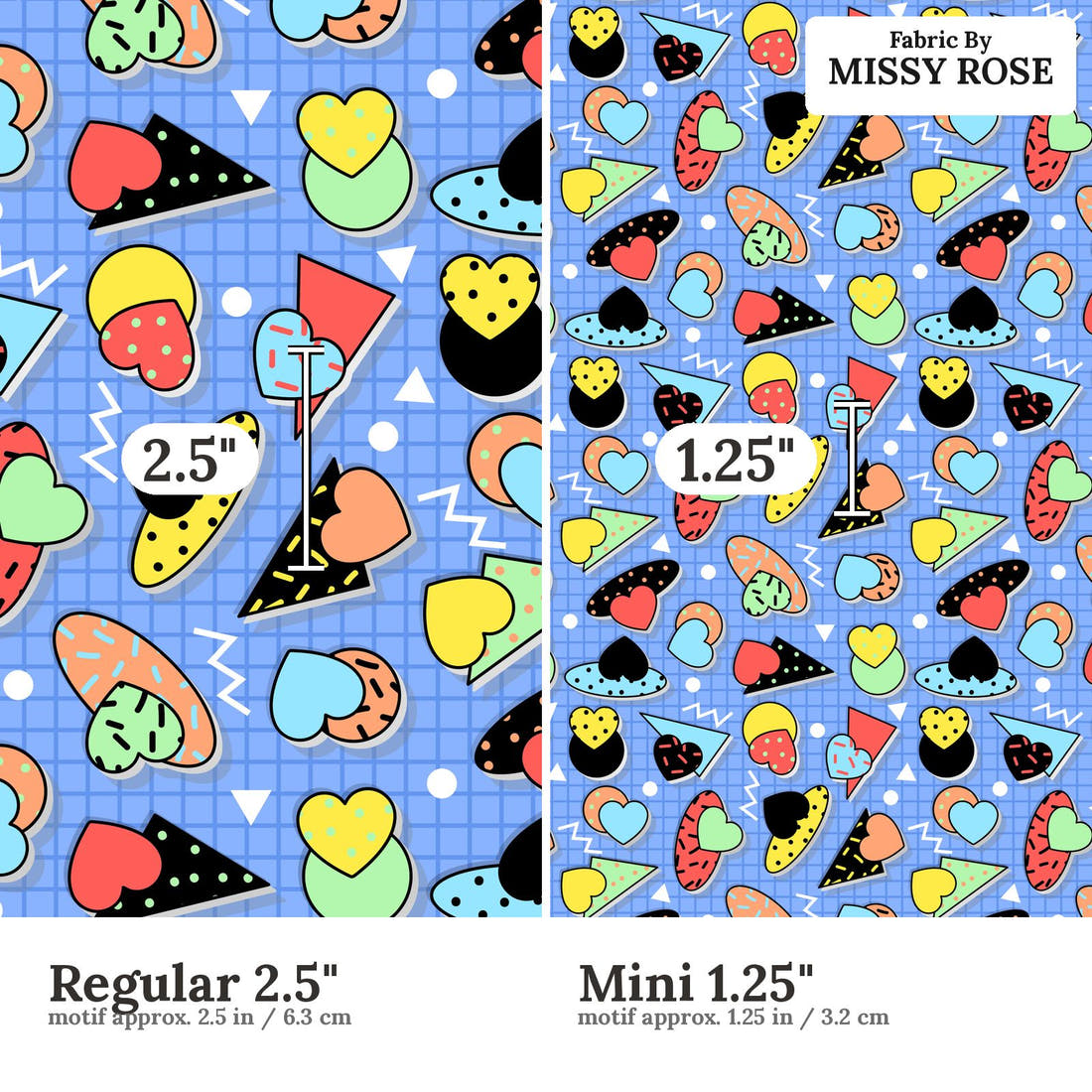 Studio Saturate Fabric 105 Regular 2.5 inch vs Mini 1.25 inch print scale side by side | Fabric by Missy Rose