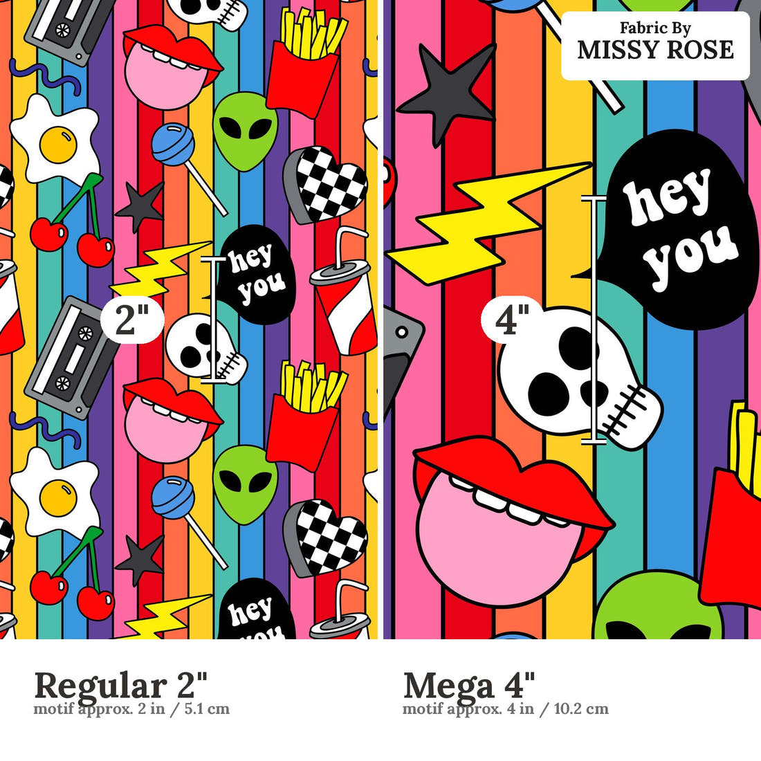 Studio Saturate Fabric 106 Regular 2 inch vs Mega 4 inch print scale side by side | Fabric by Missy Rose