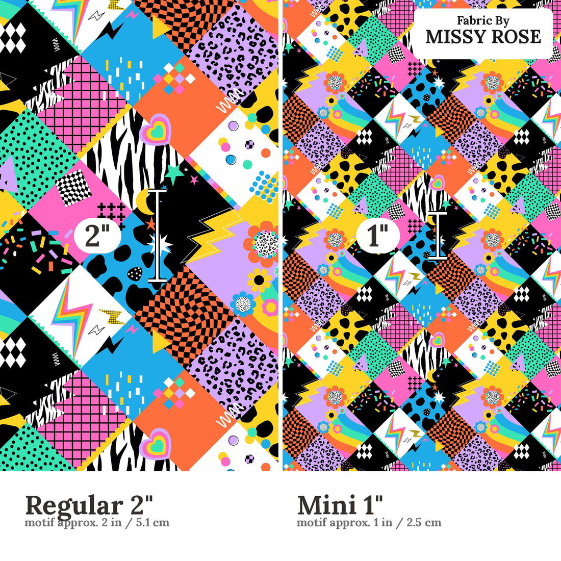 Studio Saturate Fabric 107 Regular 2 inch vs Mini 1 inch print scale side by side | Fabric by Missy Rose