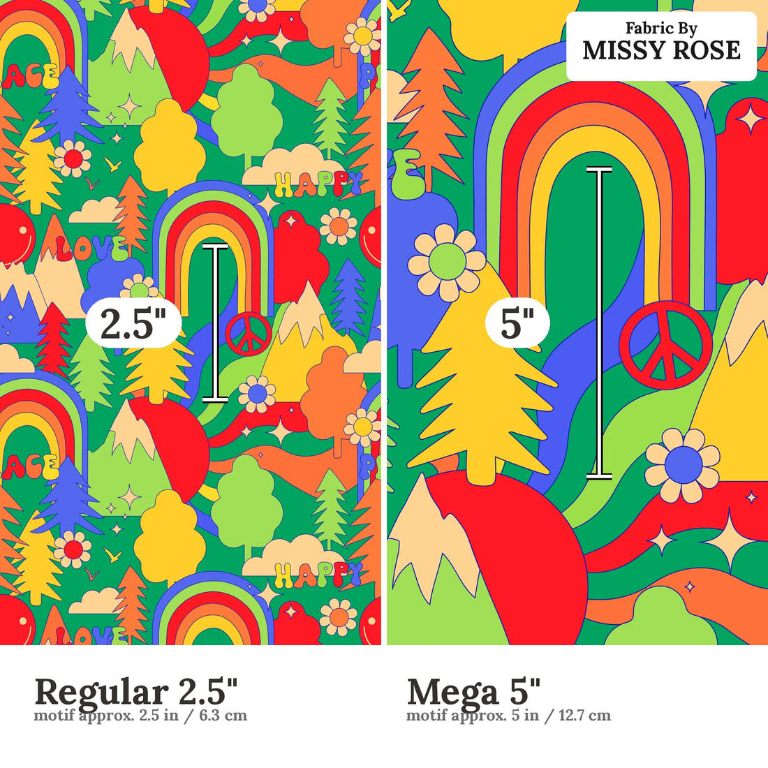 Studio Saturate Fabric 108 Regular 2.5 inch vs Mega 5 inch print scale side by side | Fabric by Missy Rose