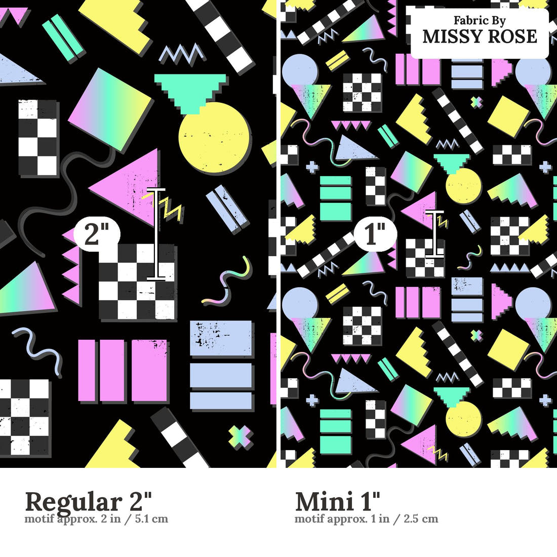 Studio Saturate Fabric 109 Regular 2 inch vs Mini 1 inch print scale side by side | Fabric by Missy Rose