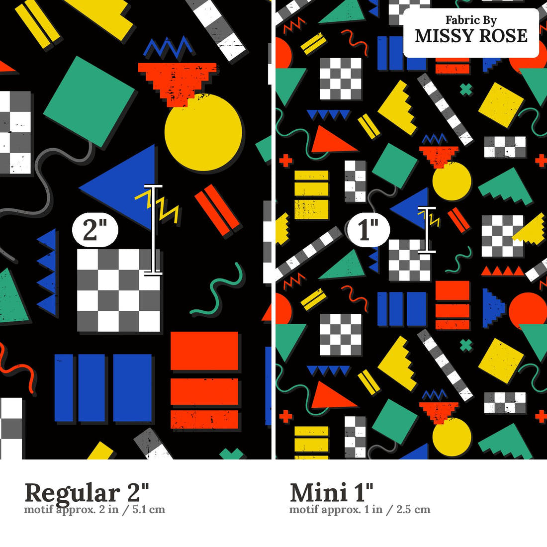 Studio Saturate Fabric 111 Regular 2 inch vs Mini 1 inch print scale side by side | Fabric by Missy Rose