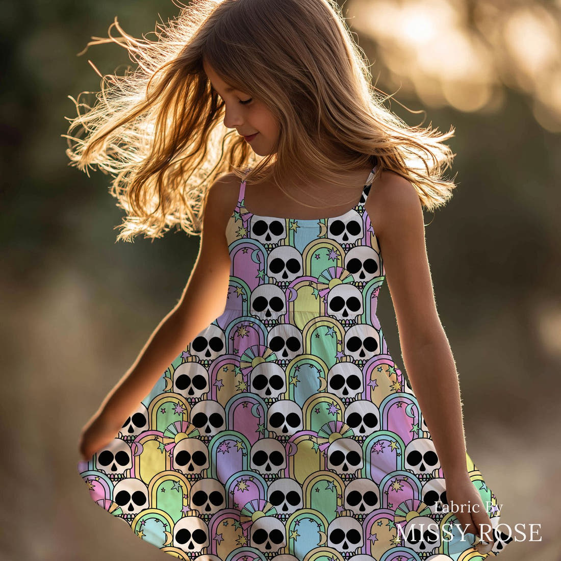 Studio Saturate Fabric 112 sewn into a girls' dress - see how the print looks made up | Fabric by Missy Rose