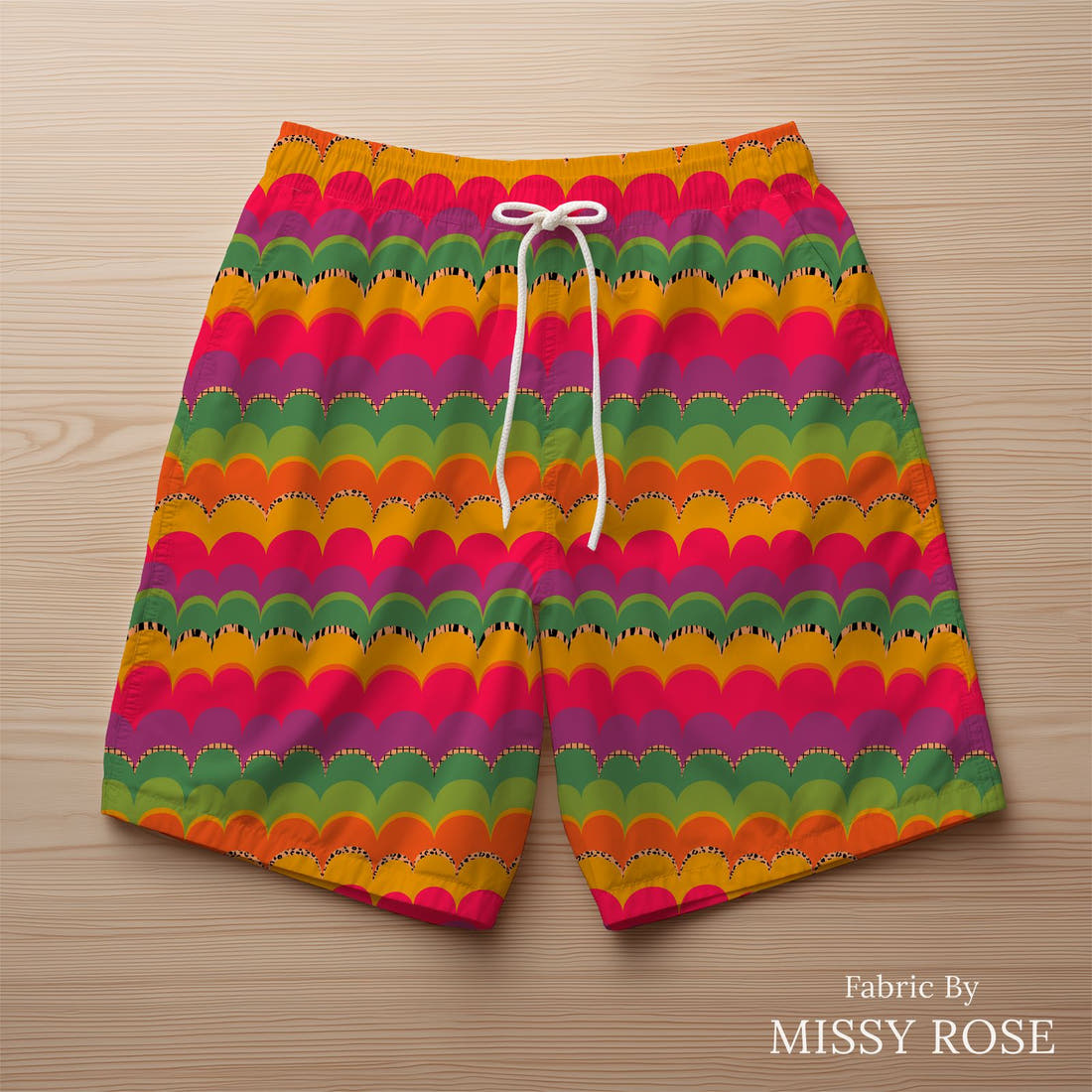 Studio Saturate Fabric 115 sewn into swim shorts - see how the print looks made up | Fabric by Missy Rose