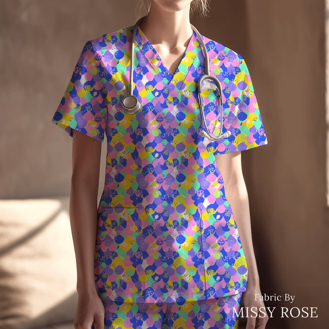 Studio Saturate Fabric 117 sewn into a scrubs top - see how the print looks made up | Fabric by Missy Rose