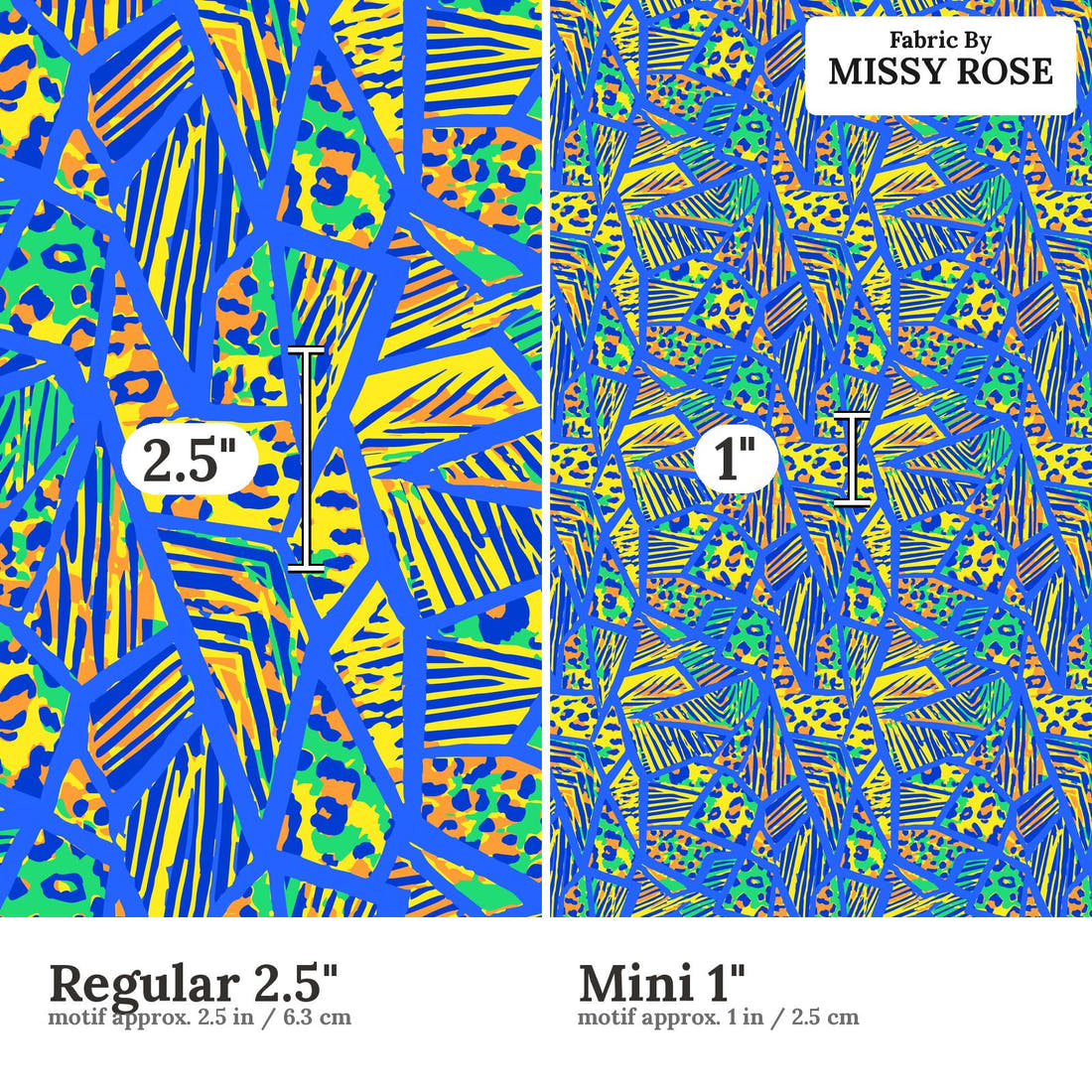 Studio Saturate Fabric 120 Regular 2.5 inch vs Mini 1 inch print scale side by side | Fabric by Missy Rose