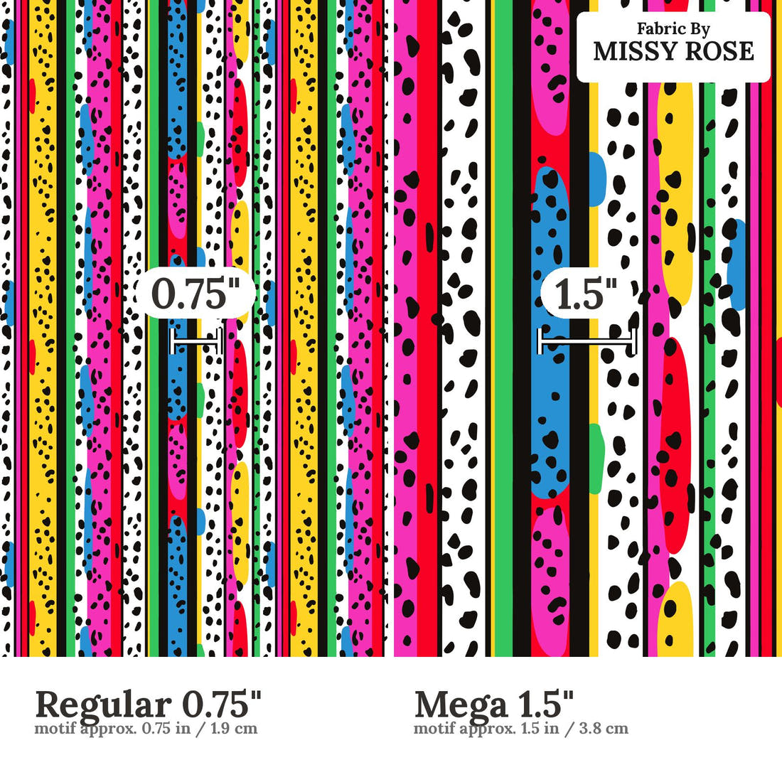 Studio Saturate Fabric 121 Regular 0.75 inch vs Mega 1.5 inch print scale side by side | Fabric by Missy Rose