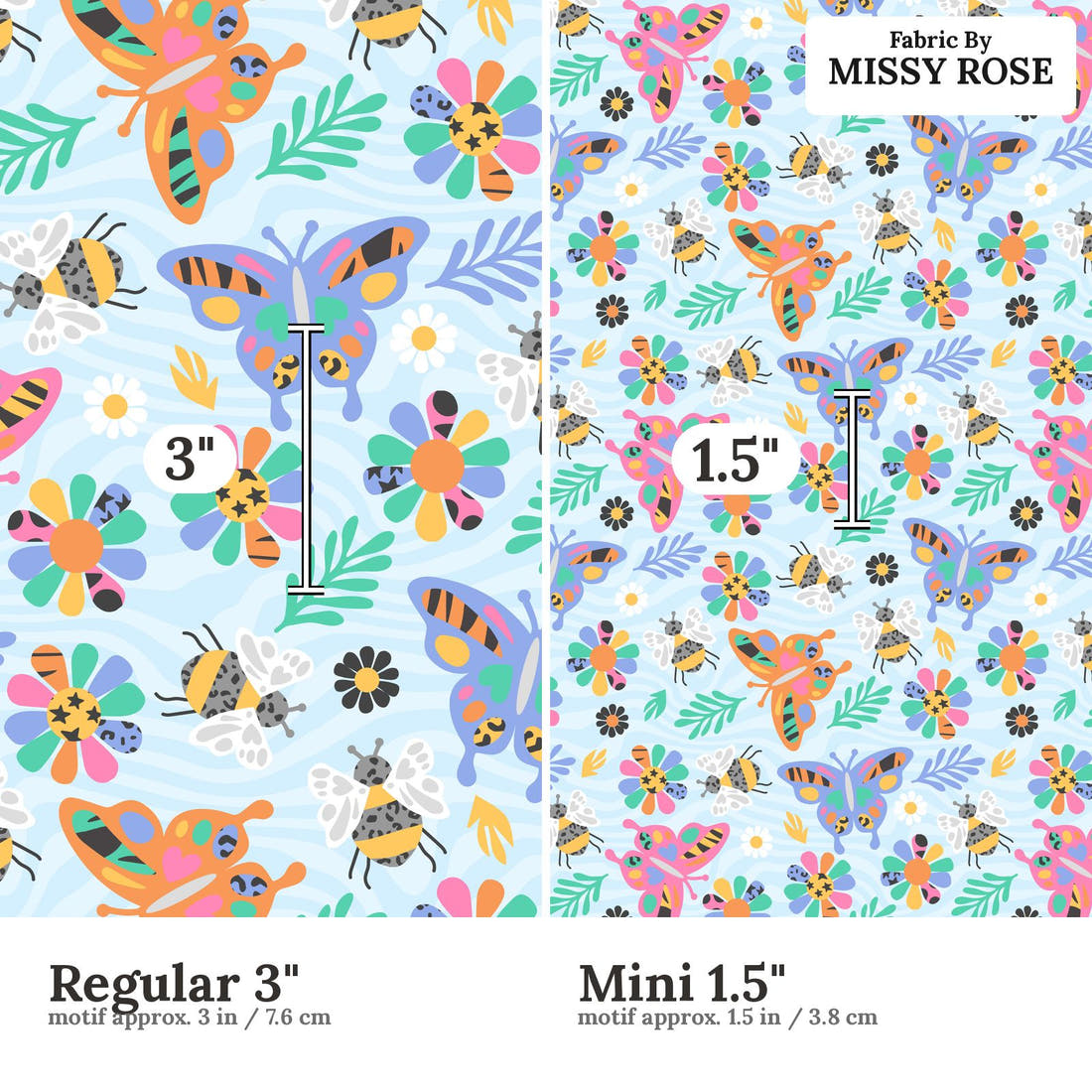 Studio Saturate Fabric 123 Regular 3 inch vs Mini 1.5 inch print scale side by side | Fabric by Missy Rose