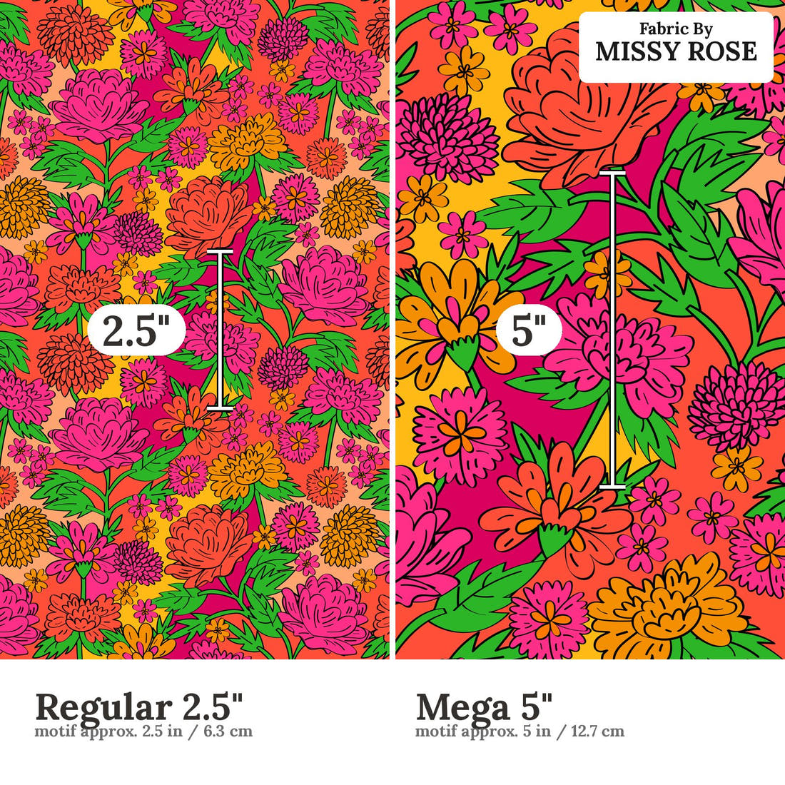 Studio Saturate Fabric 126 Regular 2.5 inch vs Mega 5 inch print scale side by side | Fabric by Missy Rose