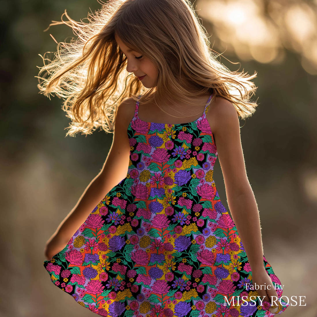 Studio Saturate Fabric 127 sewn into a girls' dress - see how the print looks made up | Fabric by Missy Rose