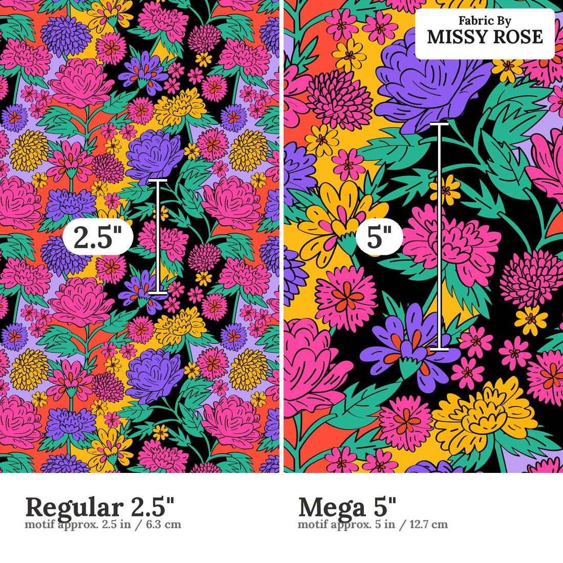 Studio Saturate Fabric 127 Regular 2.5 inch vs Mega 5 inch print scale side by side | Fabric by Missy Rose
