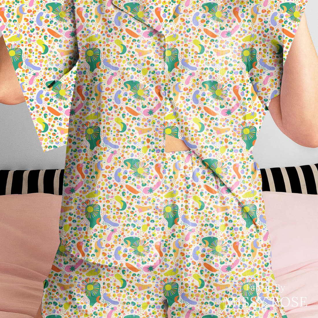Studio Saturate Fabric 128 sewn into a women's pyjama set - see how the print looks made up | Fabric by Missy Rose