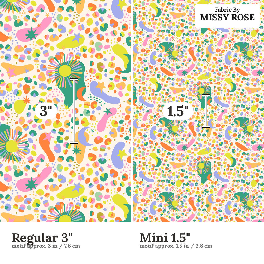 Studio Saturate Fabric 128 Regular 3 inch vs Mini 1.5 inch print scale side by side | Fabric by Missy Rose