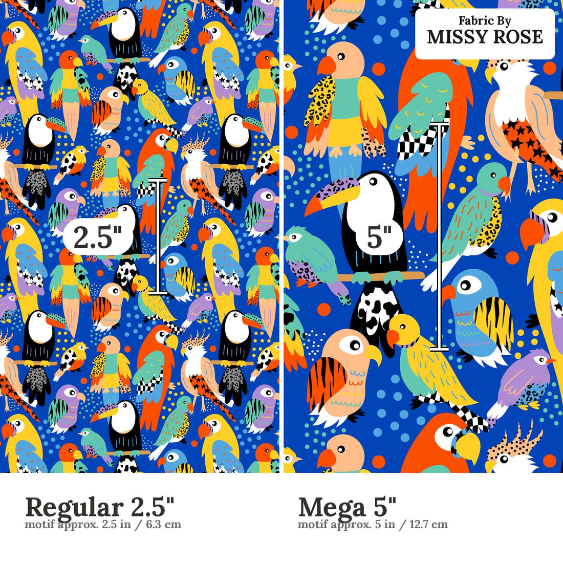 Studio Saturate Fabric 130 Regular 2.5 inch vs Mega 5 inch print scale side by side | Fabric by Missy Rose
