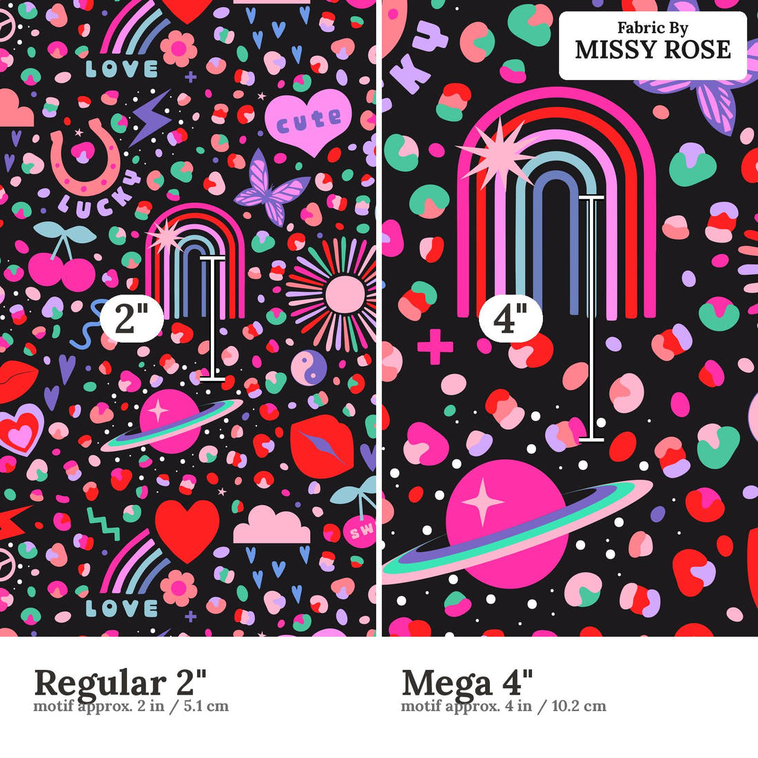 Studio Saturate Fabric 132 Regular 2 inch vs Mega 4 inch print scale side by side | Fabric by Missy Rose