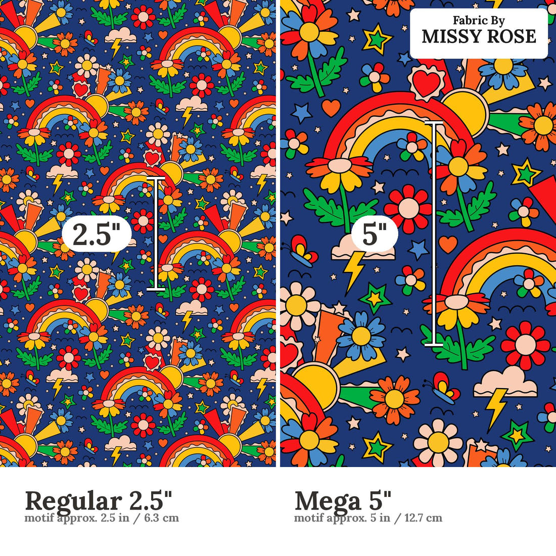 Studio Saturate Fabric 133 Regular 2.5 inch vs Mega 5 inch print scale side by side | Fabric by Missy Rose