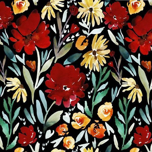Indy Bloom Fabric Watercolour Floral Ruby Fields Black 87 – custom printed pre-order fabric Australia | Fabric by Missy Rose