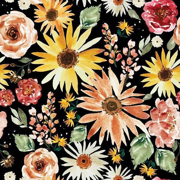 Indy Bloom Fabric Watercolour Floral Sunflower Parade Black 105 – Fabric by Missy Rose