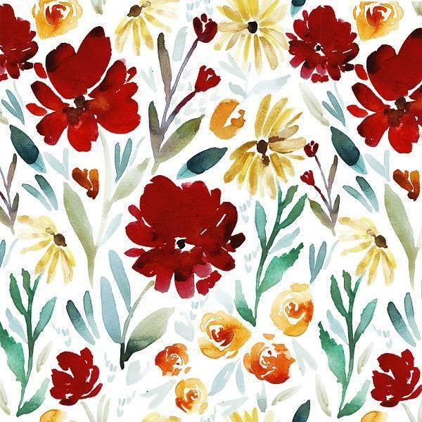 Indy Bloom Fabric Watercolour Floral White Ruby Fields 88 – premium custom printed fabric for sewing | Fabric by Missy Rose