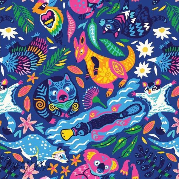 Unlimited Navy Australian Animals Fabric – custom printed pre-order fabric Australia | Fabric by Missy Rose